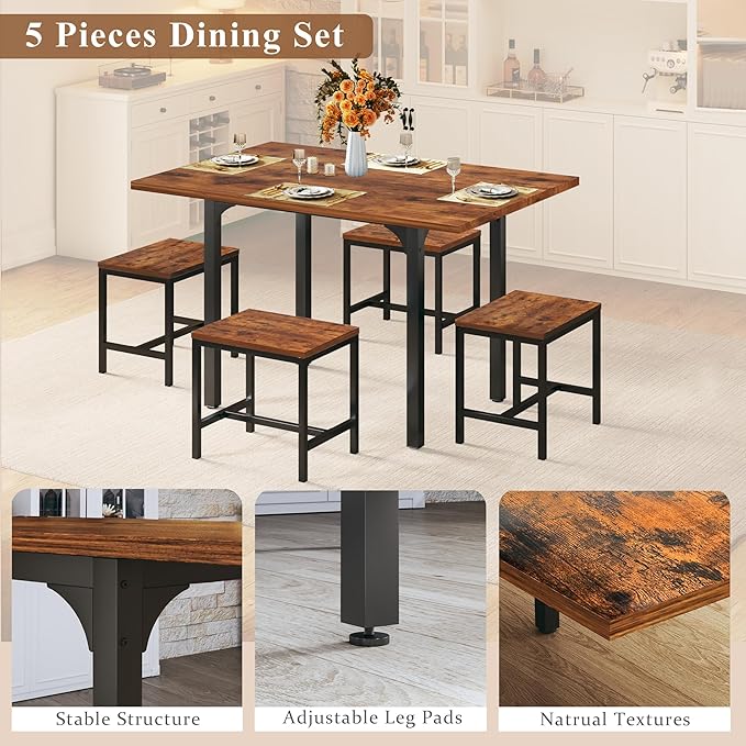 Dining Table Set for 4, Extendable Kitchen Table Chairs Set of 4, Rectangle D...