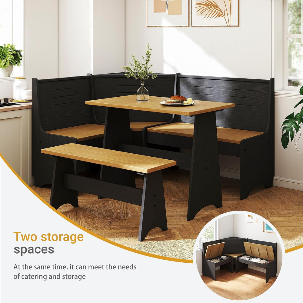 Breakfast Nook Set 3-4 Seat L-Shaped with Hidden Storage - Space Saving Corne...