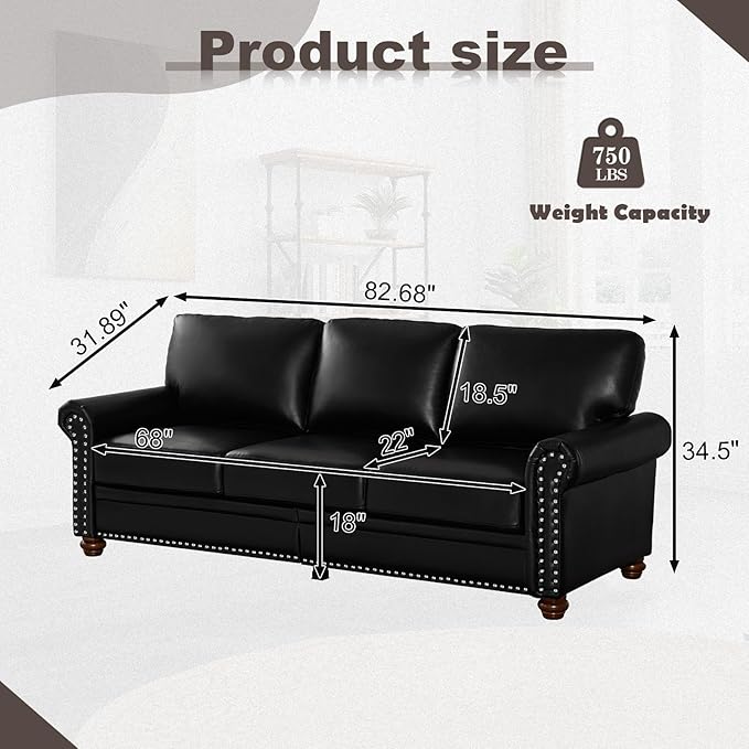 Faux Leather Sofa,82" W Mid Century Modern Couch with Storage Place,Over...