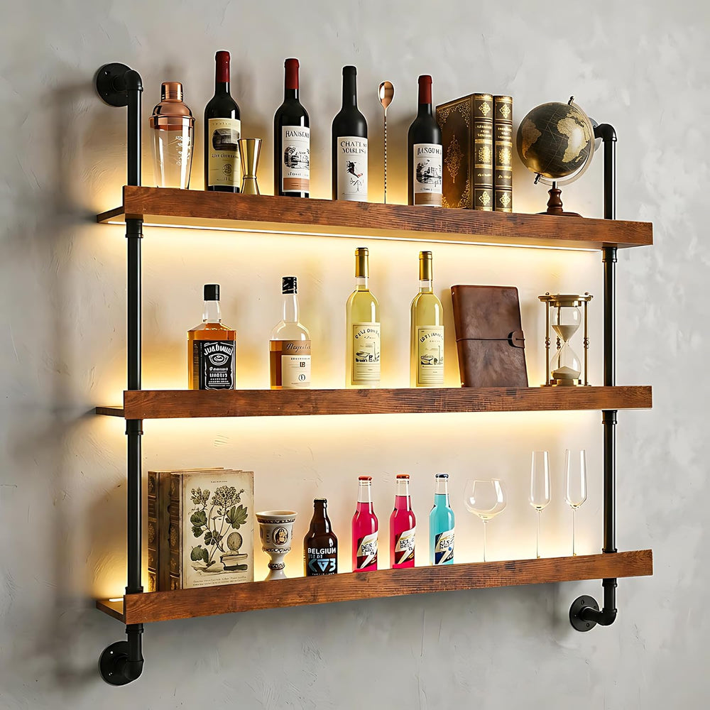 39.4" Metal Wine Rack Wall Mounted with LED Strips and Glass Holder | 3-...