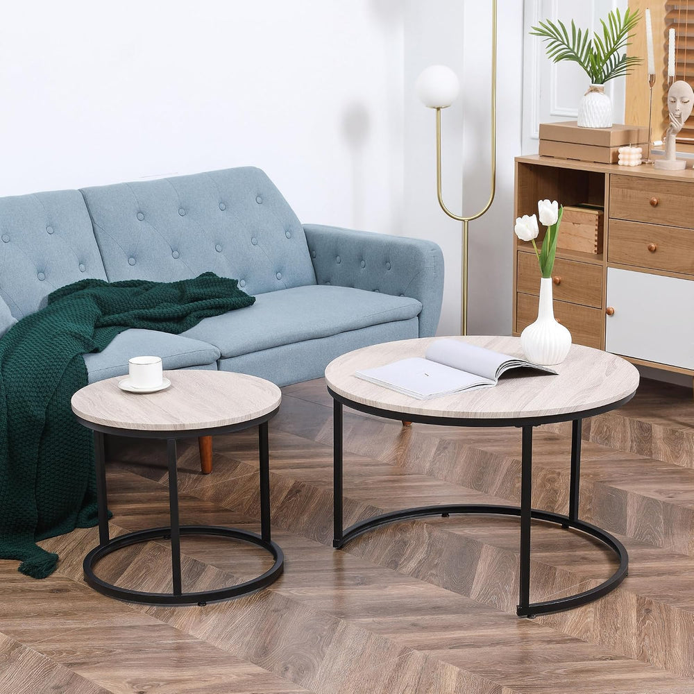 Round Nesting Tables Set of 2, Stacking Coffee Tables with Metal Frame | Grey...