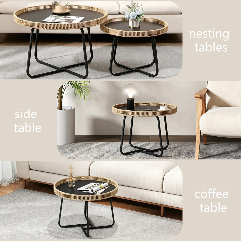 Round Nesting Coffee Table Set of 2, Wicker Small Side Table 27.6+19.7 inch