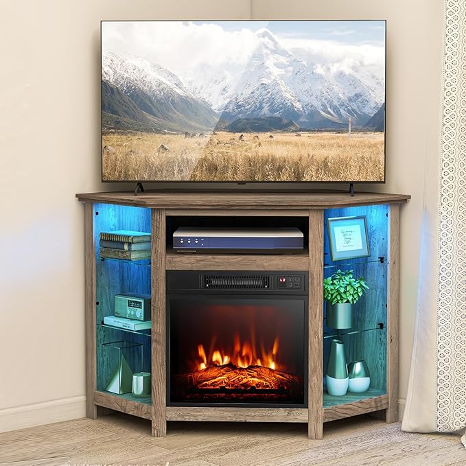 RELAX4LIFE Corner Fireplace TV Stand - Electric Fireplace Entertainment Cente...