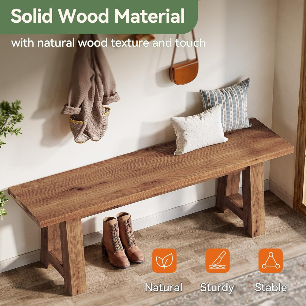 55" Solid Wood Entryway Bench, Farmhouse Long Wood Bench Dining Seat for...