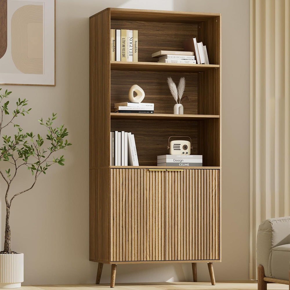 LYNSOM Walnut Bookshelf, 70.9" Tall Book Shelf, 5-Tier Bookcase with Flu...
