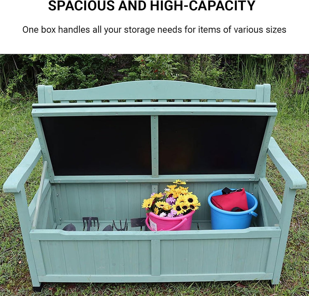 48in Wooden Outdoor Storage Bench, 2-Person Patio Deck Box with Backrest, Wea...
