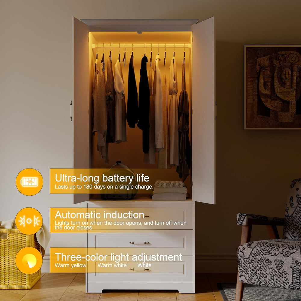 FJTJBSI Armoire Wardrobe Closet with 3 Drawers and LED Light 72" Wooden ...