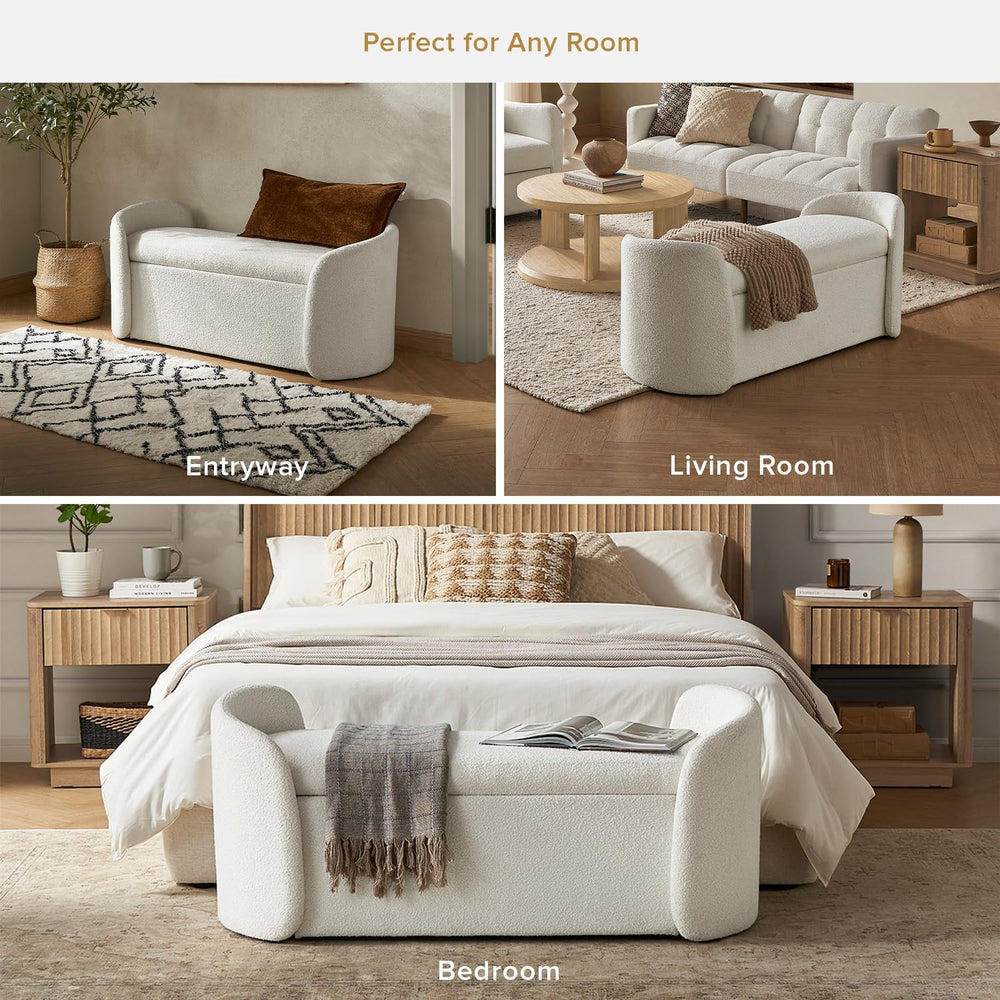 mopio Sophie 51" Ottoman, Storage Bench, End of Bed (Pearl White Boucle)