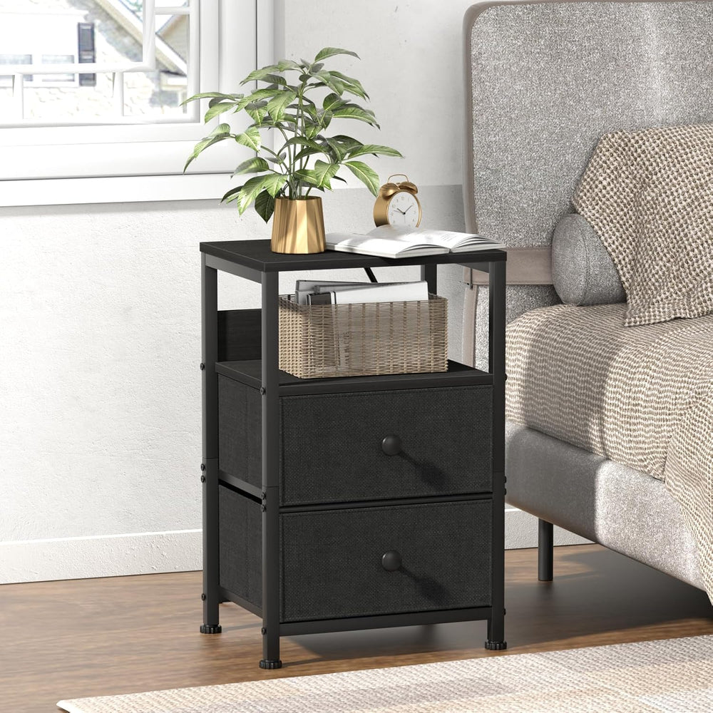 End Table with Charging Station & USB Ports, Rustic Nightstand with Fabri...