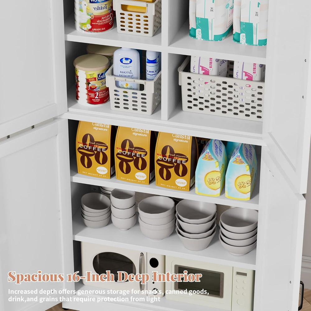 White Steel Kitchen Pantry Storage Cabinet with Barn Doors and Adjustable She...