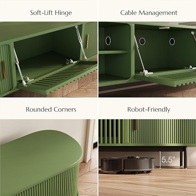 POVISON Fully-Assembled Modern Green TV Stand with Tambour Doors, Fluted TV M...