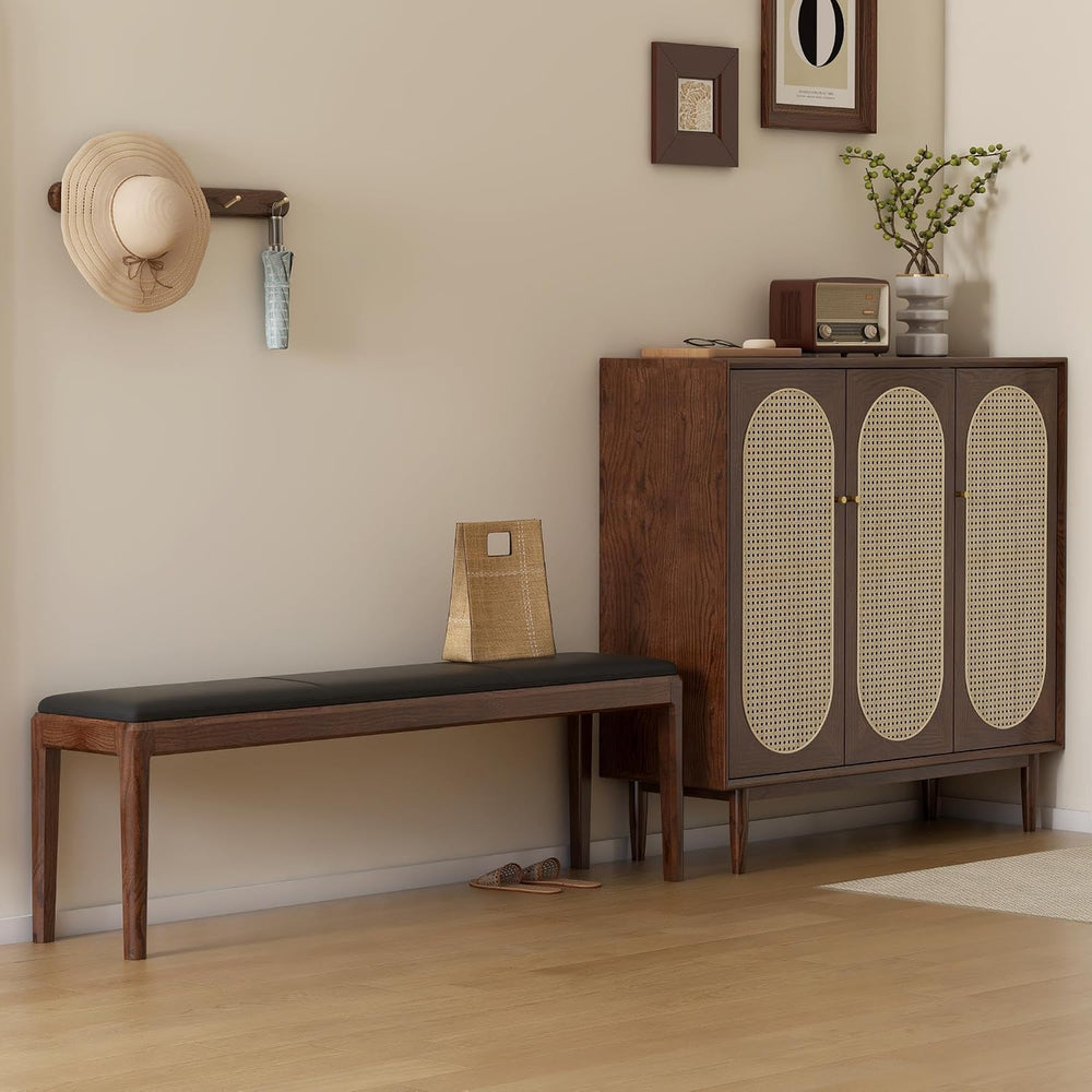 55" Solid Oak Dining Bench with Faux Leather Upholstered Seat, Mid Centu...