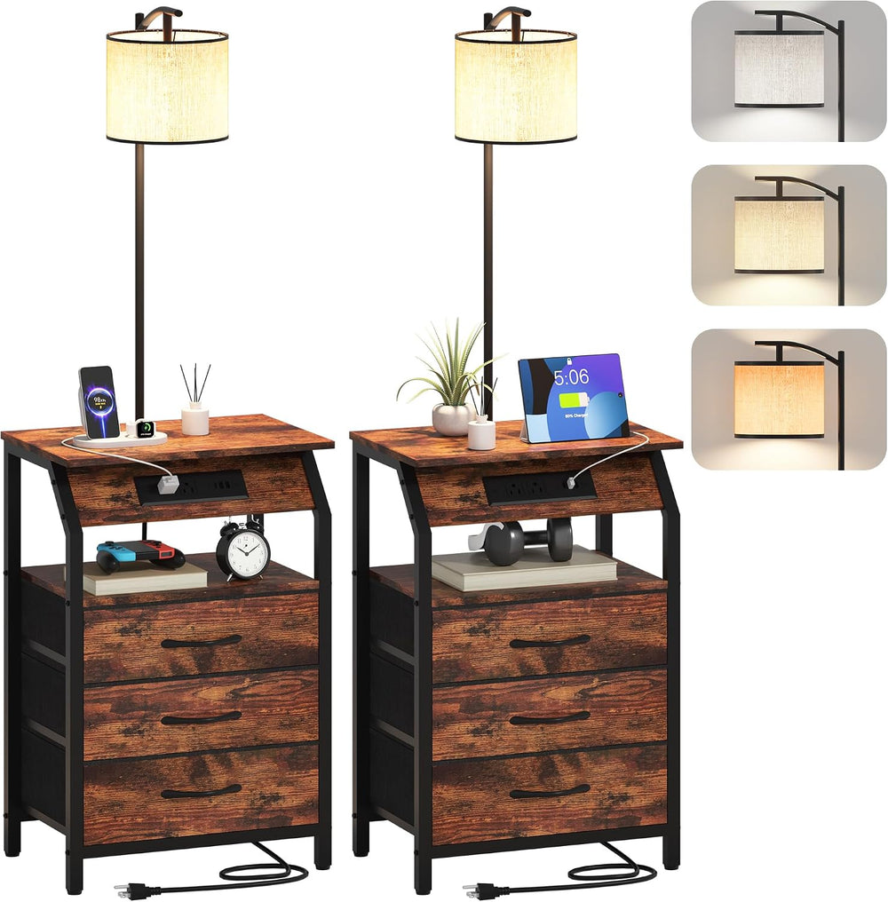 End Table with Floor Lamp Set of 2, Nightstand with Charging Station, Floor L...