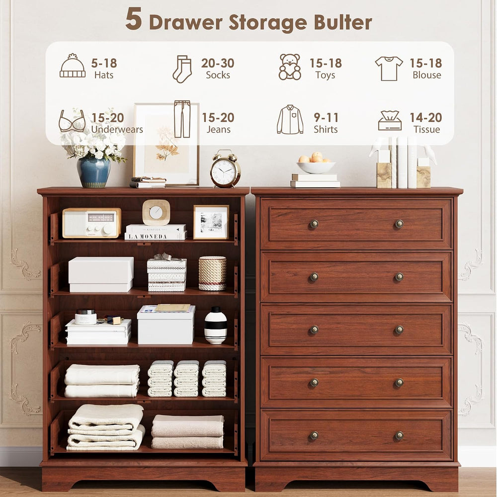 Garvee 5 Drawer Dresser for Bedroom - Vertical Chest of Drawers, Farmhouse Ta...