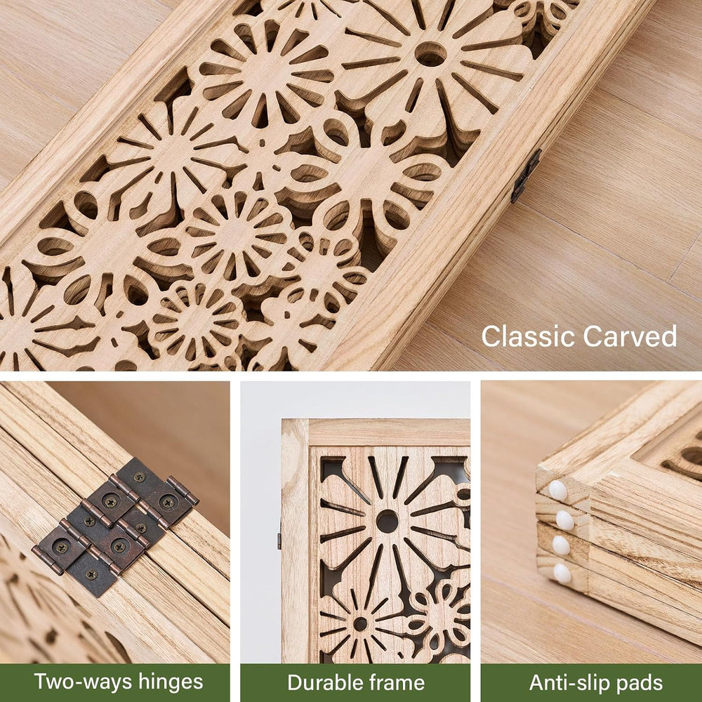 Folding Wood Room Divider Panel, 67 Inch Tall Daisy-Carved Privacy Screen - N...
