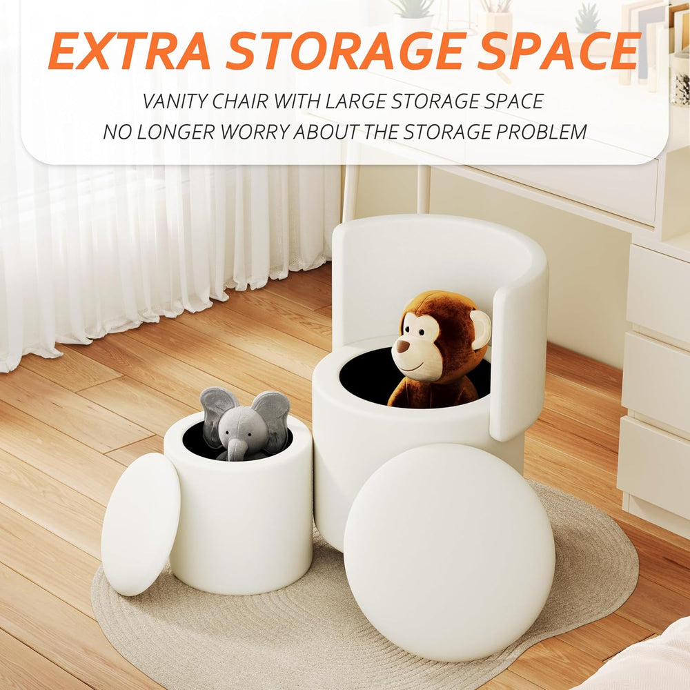 Round Vanity Chair with Storage, Rolling PU Leather Swivel Work Makeup Stool ...