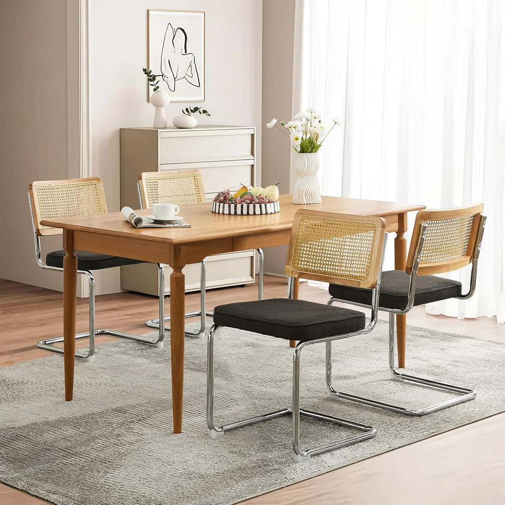 Rattan Back Linen Dining Chair Set of 4 Modern Stainless Chrome Base Armless ...