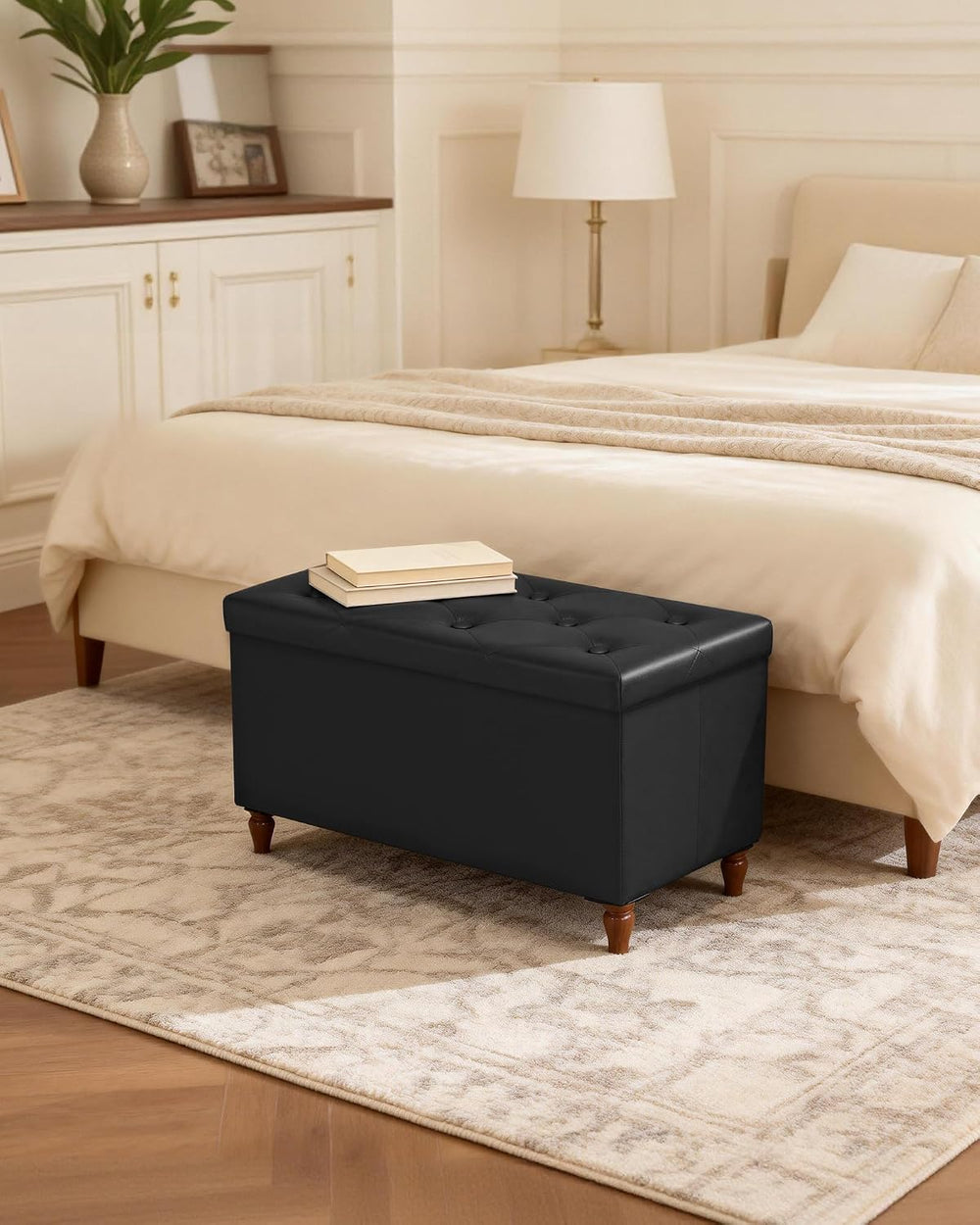 GLAXYFUR 30 Inches Ottoman with Storage, Folding Bench with Legs, Black | Fau...
