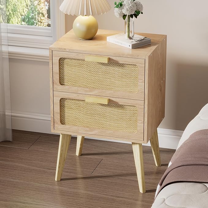 Rattan Nightstand,Boho Bedside with Storage,End Table,Side Table with 2 Hand ...
