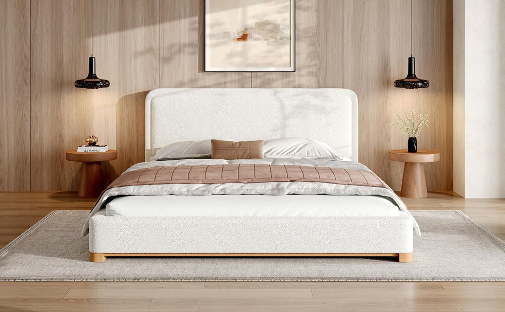 Peanu Queen Bed Frame, Boucle Upholstered Headboard, White Base