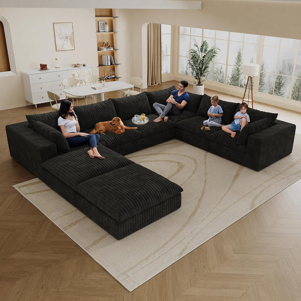157.6" Corduroy U Shaped Modular Sectional Couch, Black | 8 Seater Overs...