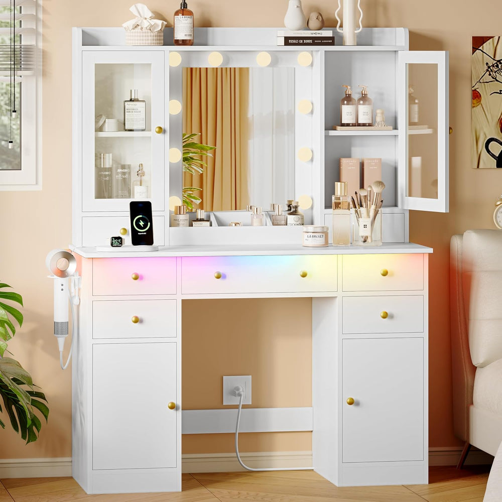 Xixini 44" Vanity Desk with Mirror & Lights, Glass Storage Cabinets,...