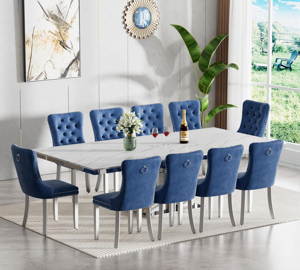 94.5" Faux Marble Dining Table Set for 10, Modern White Extendable Kitch...