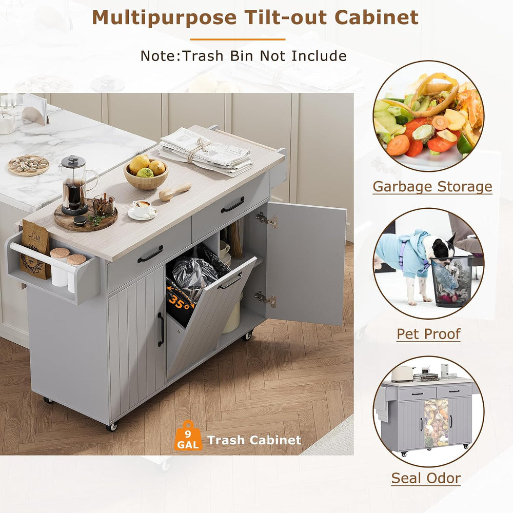 51" Rolling Kitchen Island with Tilt-Out Trash Cabinet & Drop Leaf |...