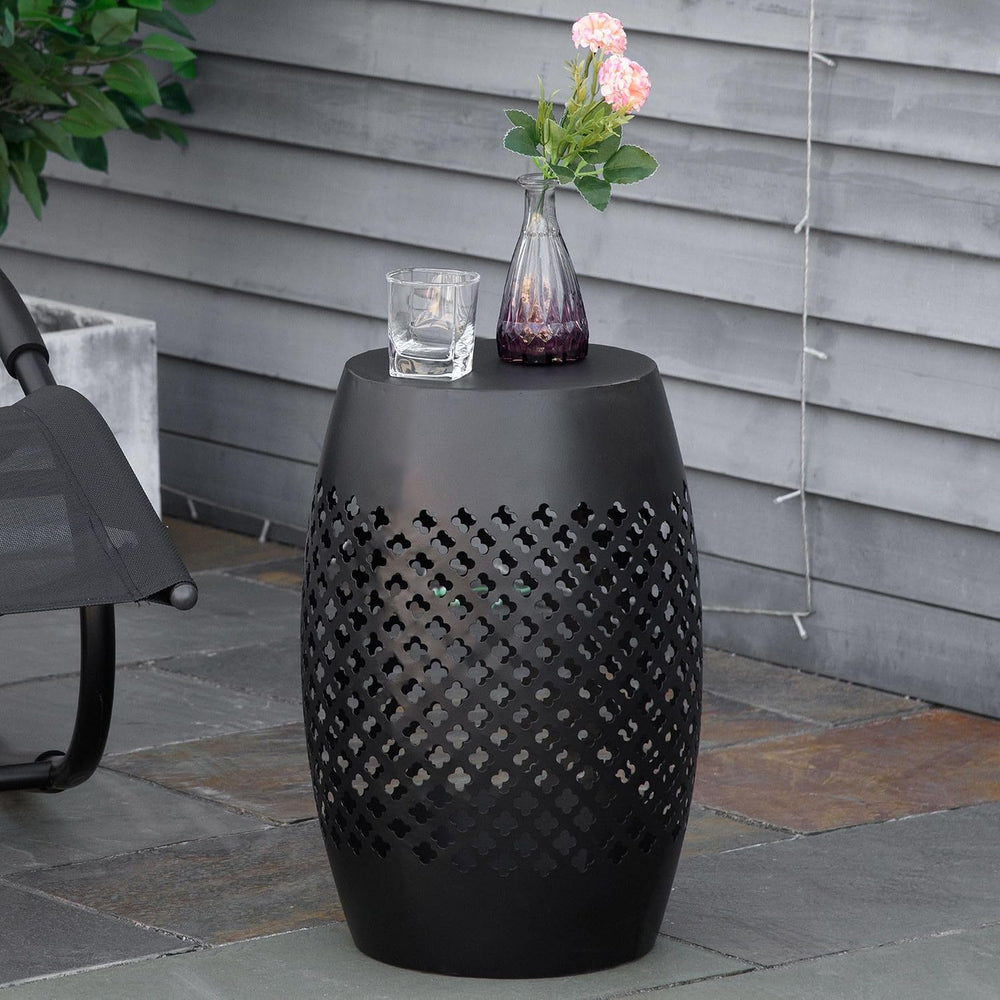 Black Steel 12.5in Round Patio Side Table 18in Tall, Hollow Drum Structure, 2...
