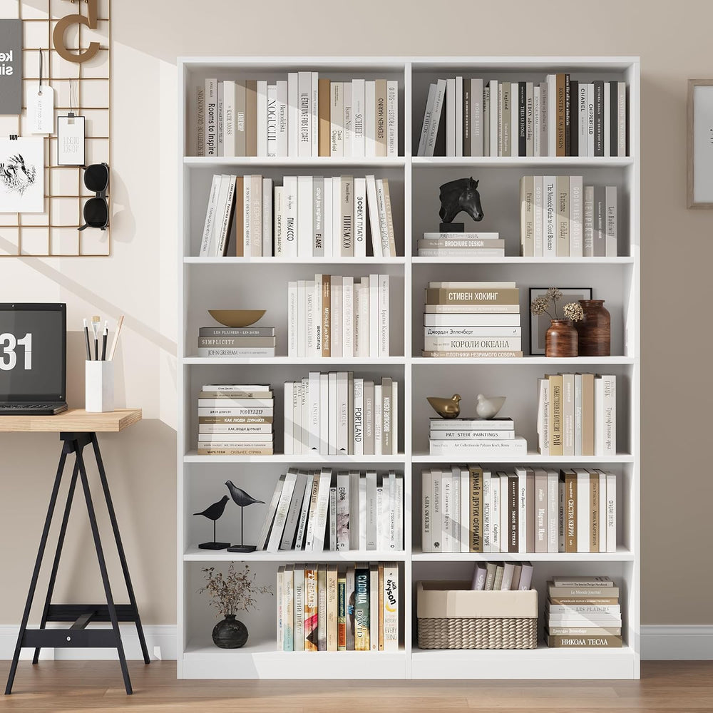 FACBOTALL Bookshelf Tall Bookcase, 6-Tier Double Wide Bookshelves, White