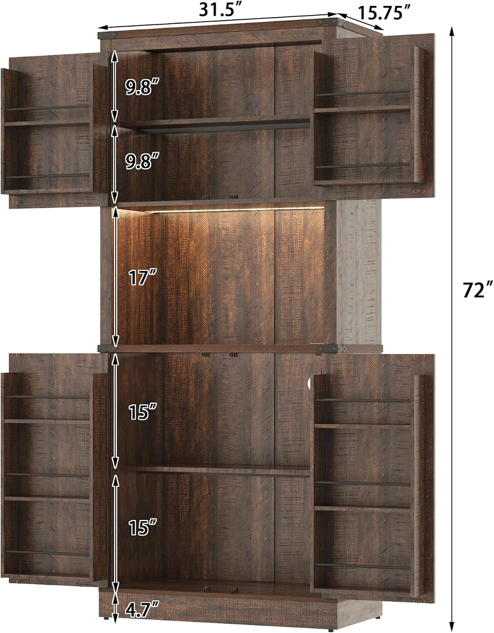 72" Tall Farmhouse Kitchen Pantry Cabinet with LED Light and Power Outle...