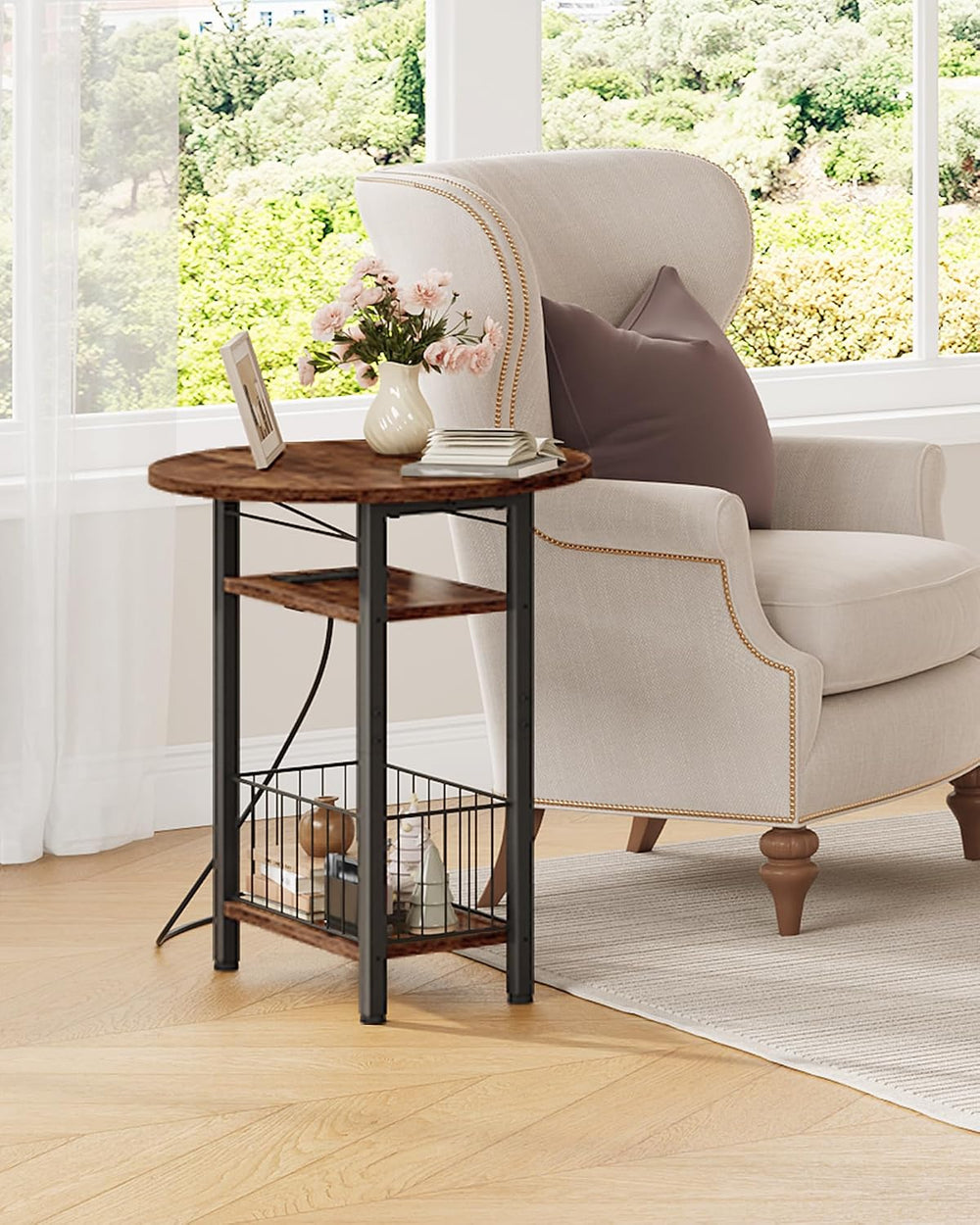 Folding Side Table with Charging Station, 3-Tier Narrow End Couch Table with ...