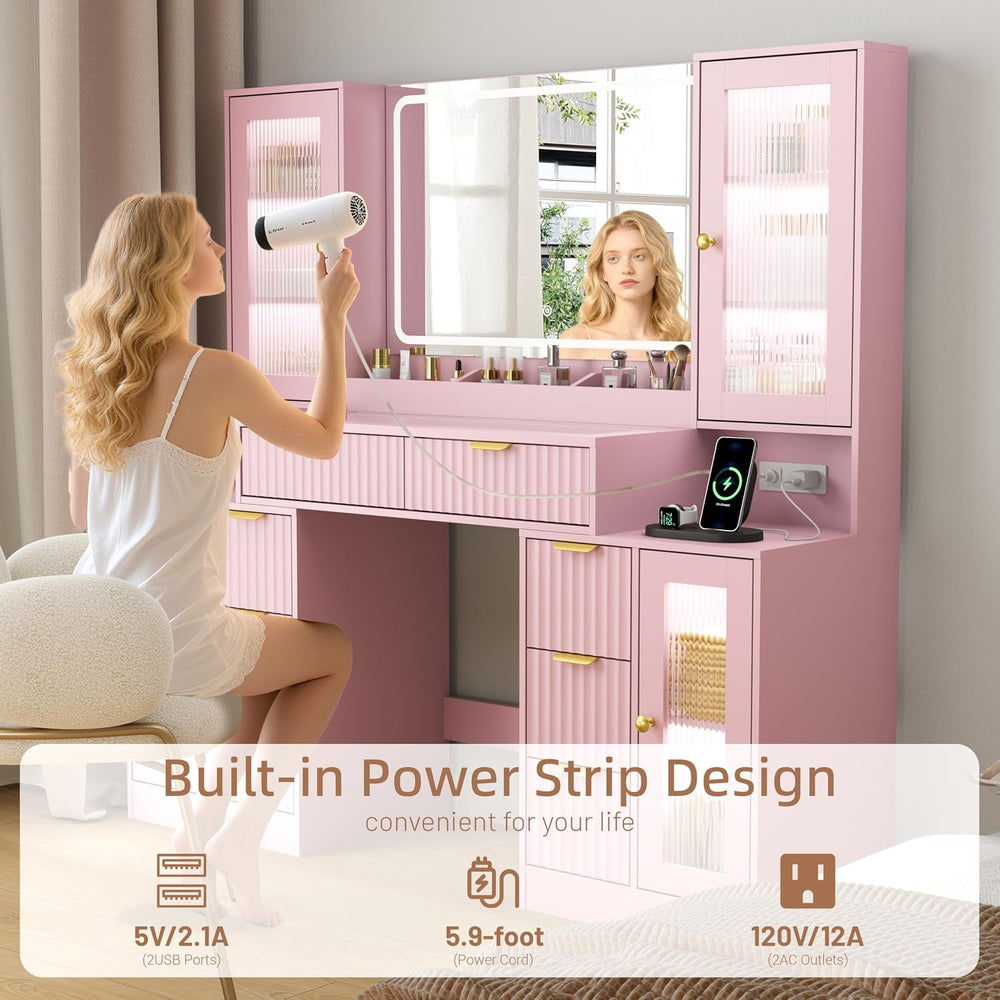 55" Vanity Desk with Mirror & Lights, Fluted Makeup Vanity with 8 Dr...