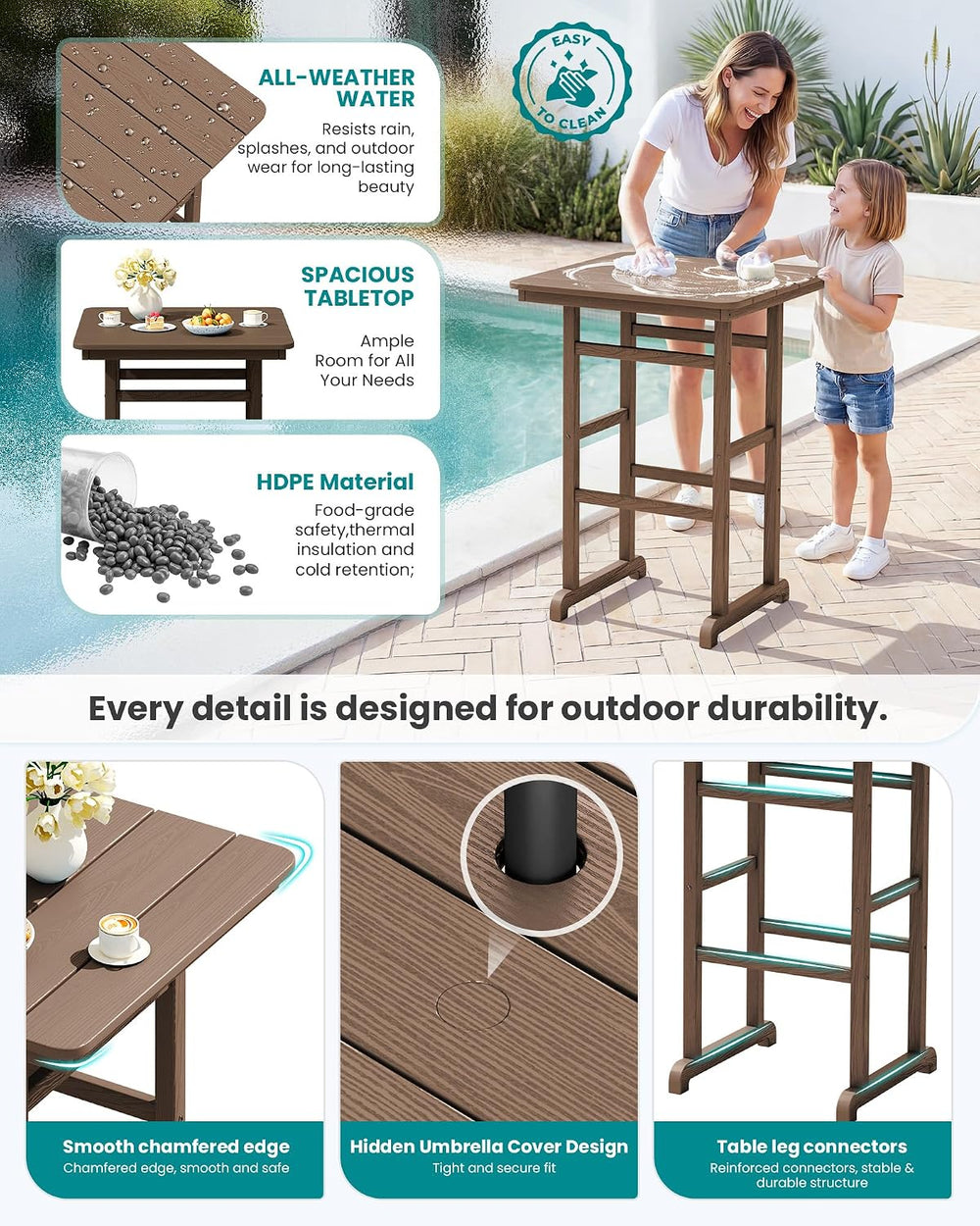 SERWALL HDPE 41.7" Bar Height Table with Umbrella Hole, Brown