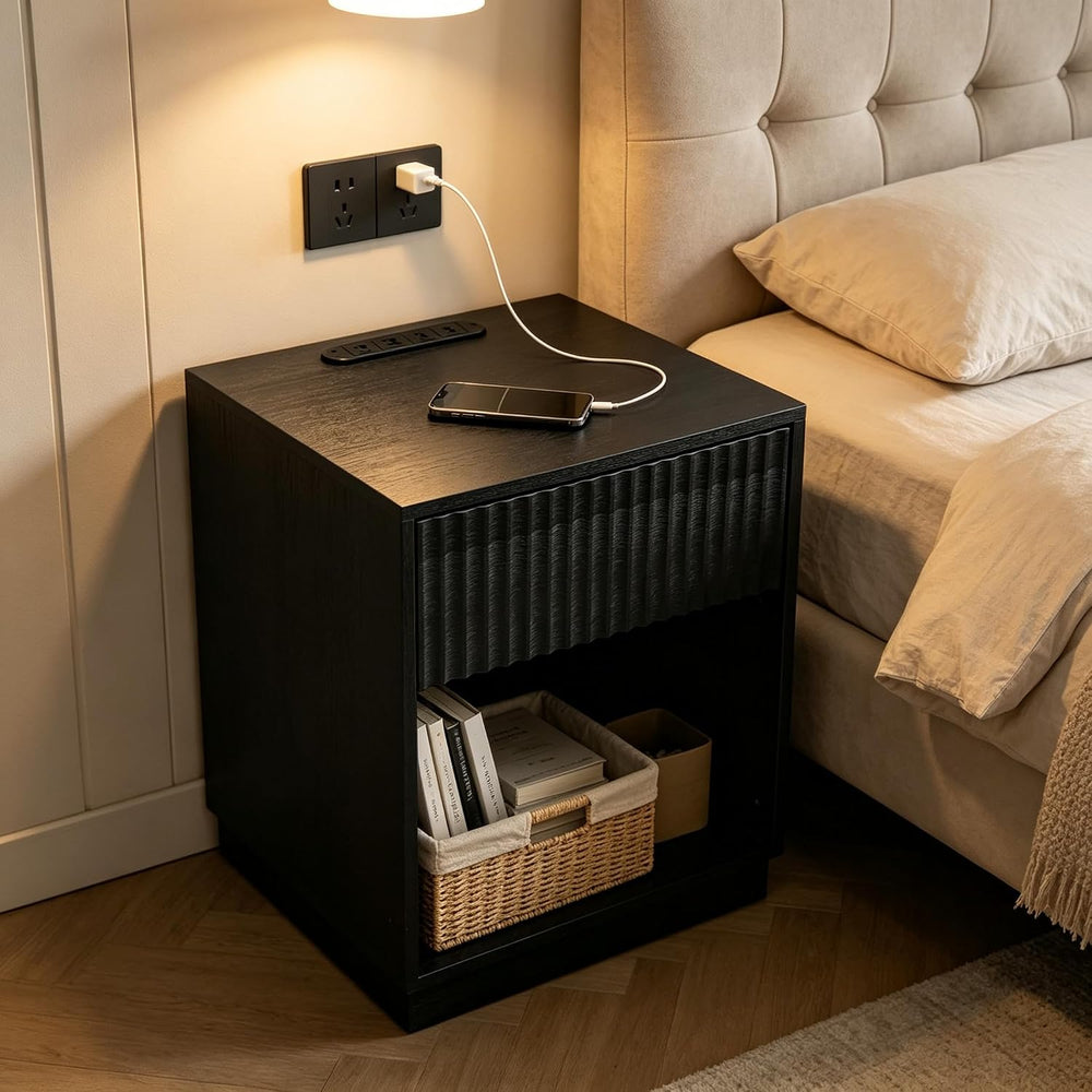 Night Stand with Charging Station, 23 Inch Tall Fluted Modern Bedside Table w...
