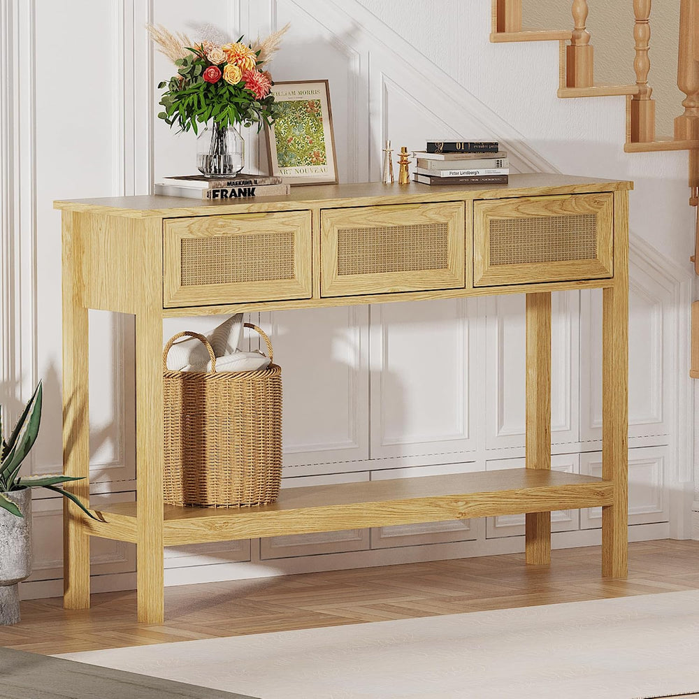 Entryway Table, Rattan Console Table with 3 Storage Drawers and Storage Shelf...