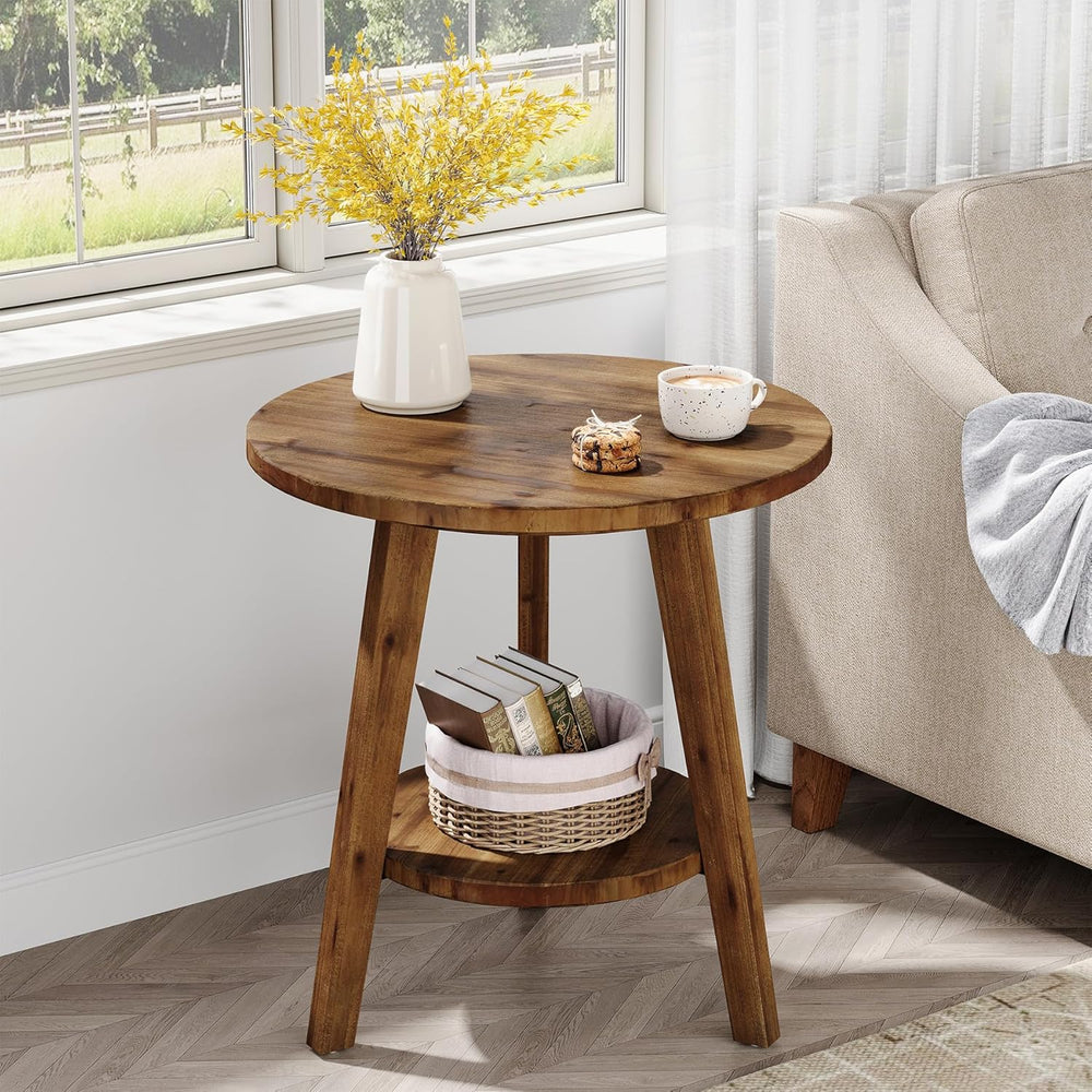 Solid Wood Round End Table, Sofa Side Table with Storage Shelf, Farmhouse Nig...