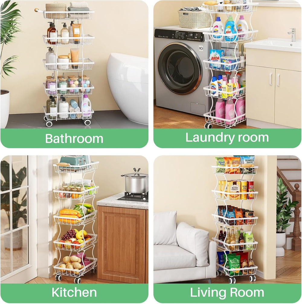 SAYZH 5-Tier Fruit Basket Stand with Vegetable Baskets for Kitchen, White | S...