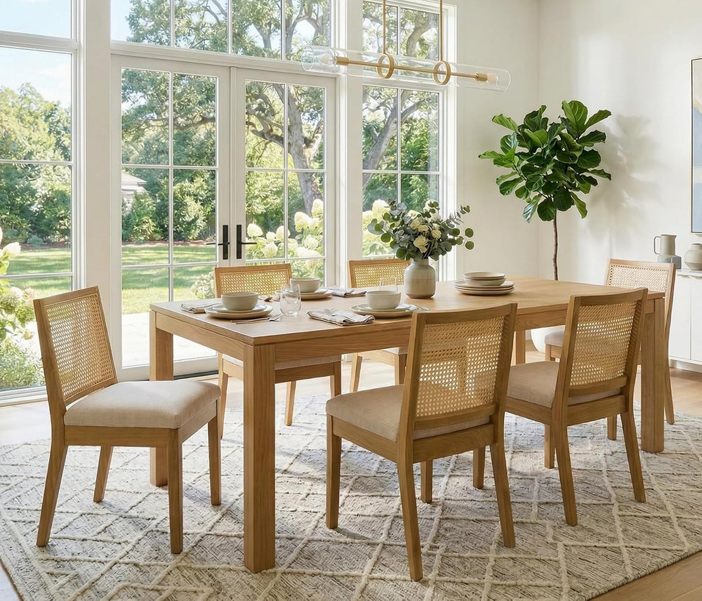 BESTANO Farmhouse Rattan Oka Wood Dining Chairs Set of 6 with Cane Back