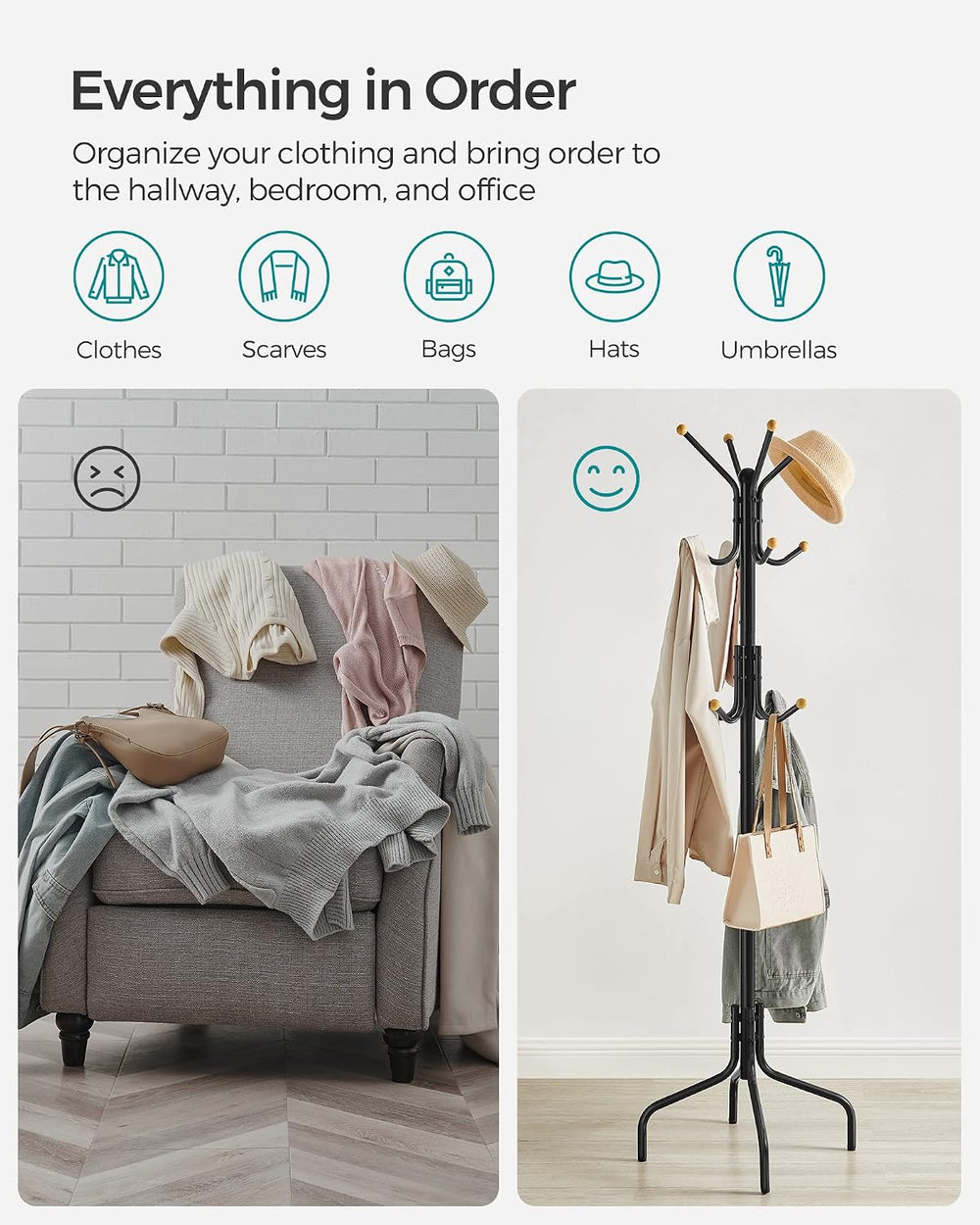 SONGMICS Coat Rack Freestanding, Metal Stand with 12 Hooks and 4 Legs
