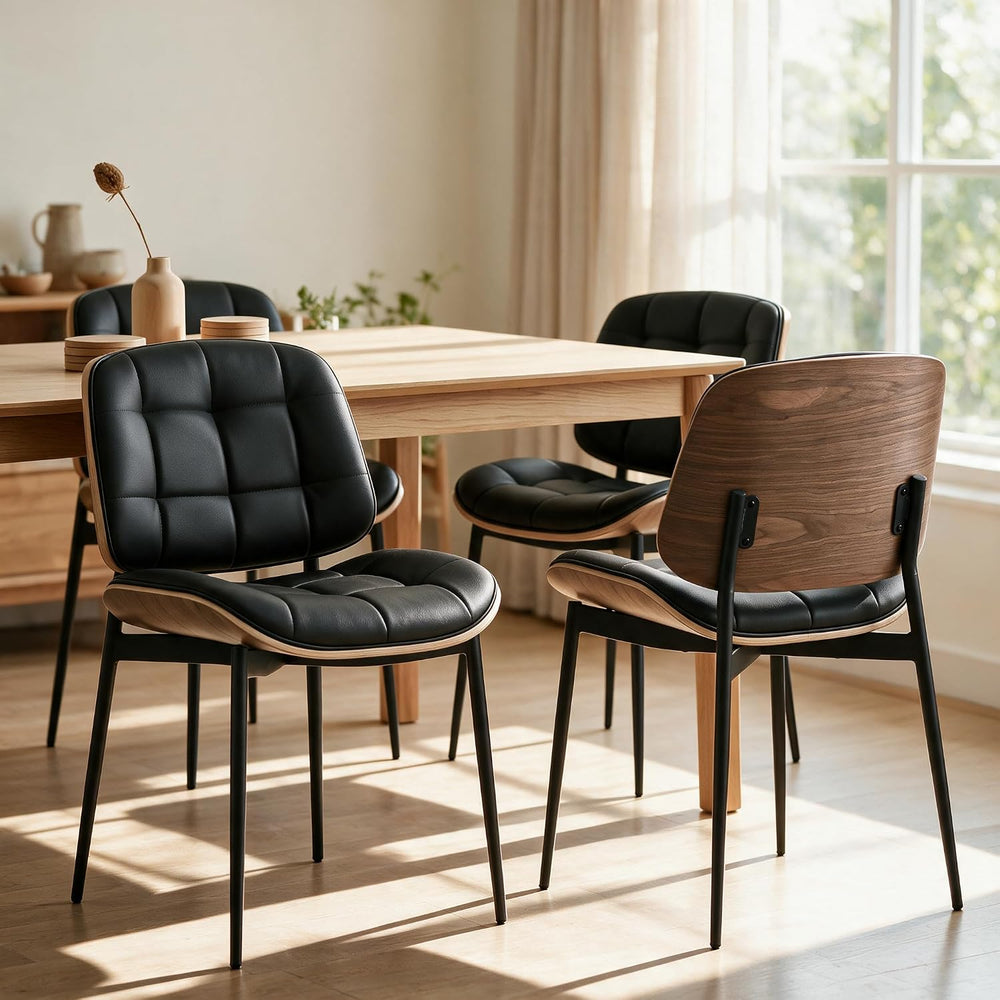 GrandNoor Mid Century Modern Dining Chairs with Walnut Grain Back, Black Faux...