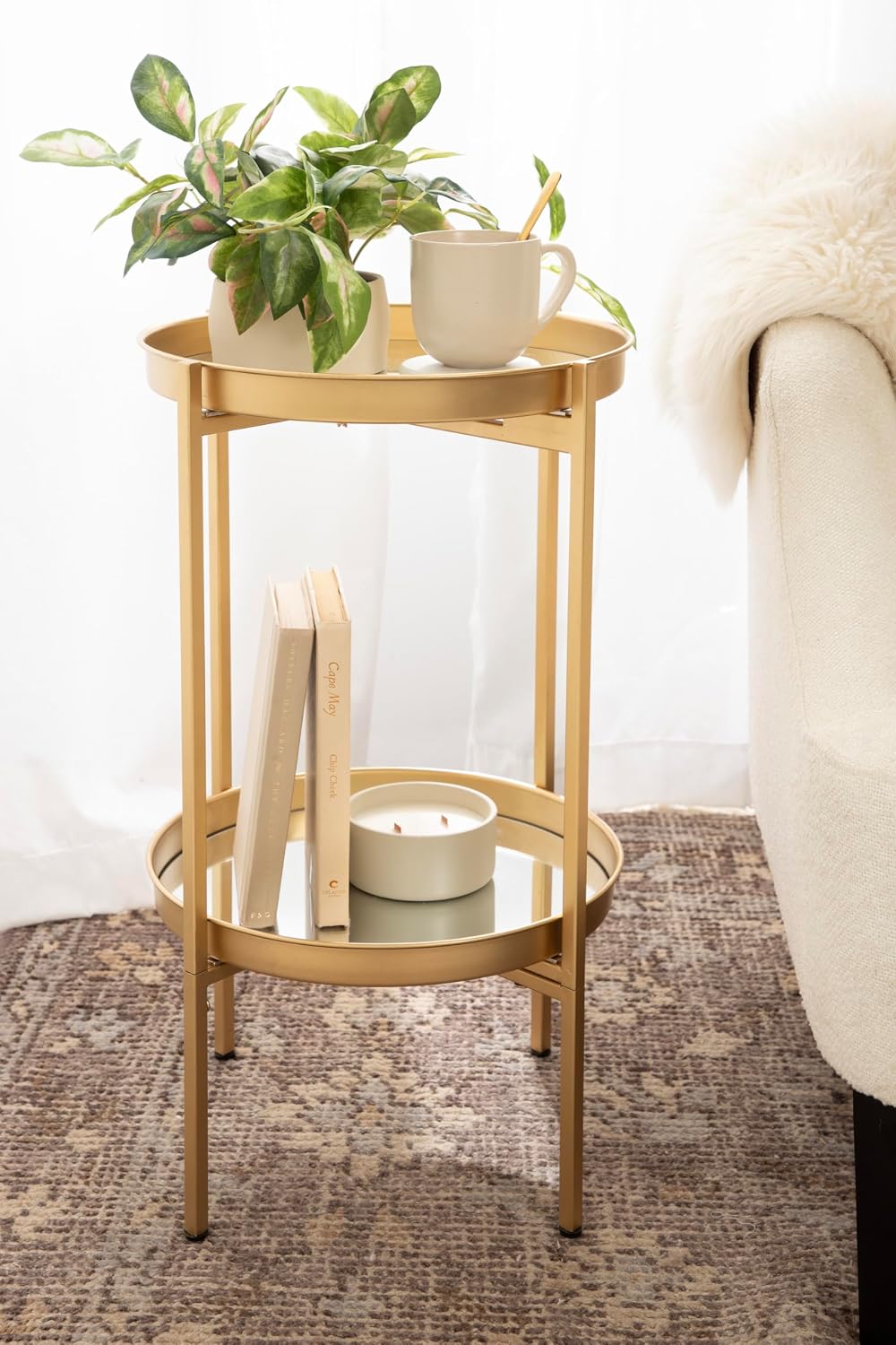 Kate and Laurel Celia Round Metal Foldable Tiered Side Table, 16 x 26, Gold, ...
