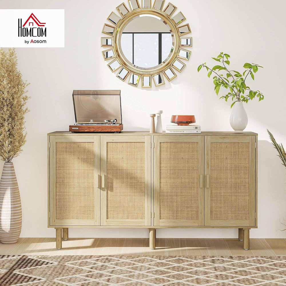 HOMCOM Sideboard Buffet Cabinet, 62" Boho Buffet Table, Rattan Coffee Ba...