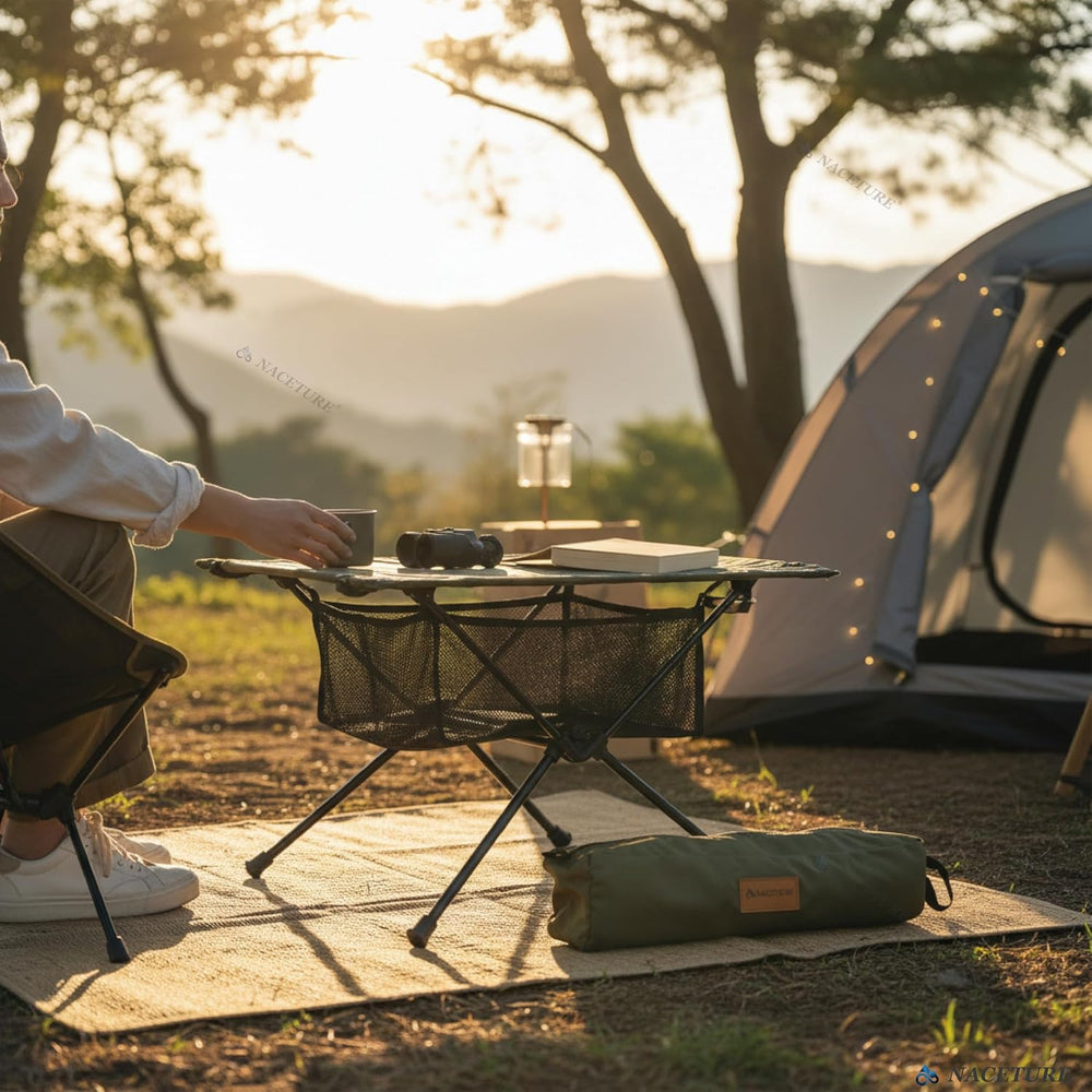 NACETURE Camping Table with Folding Legs and Mesh Storage Basket for Food, Co...