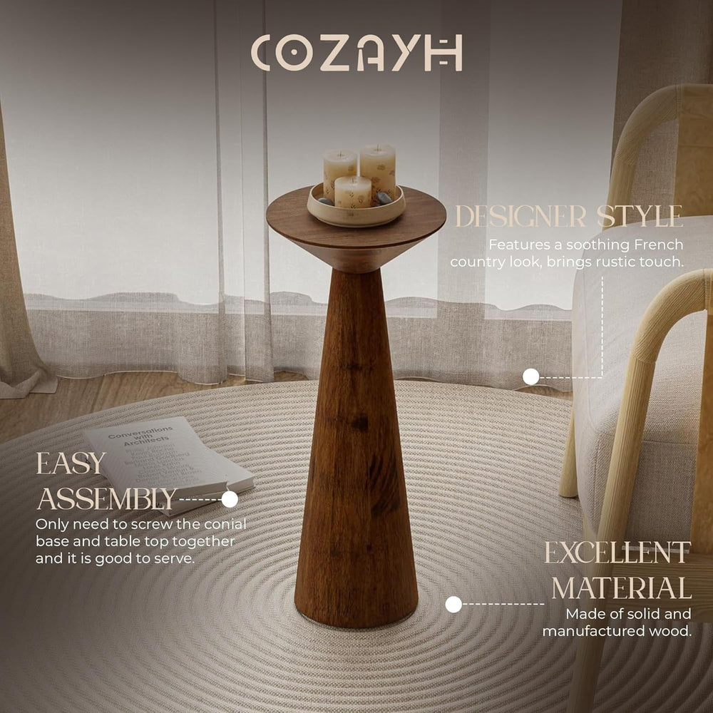 COZAYH Set of 2 22.8-Inch Tall Round Martini End Table, Walnut – Solid Pine W...