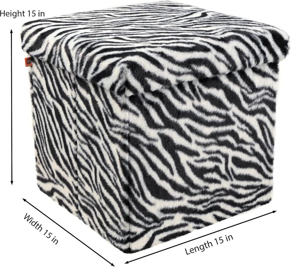 Luxe Faux Fur Storage Ottoman, Zebra Black/White, 15 x 15 x 15 in | Engineere...