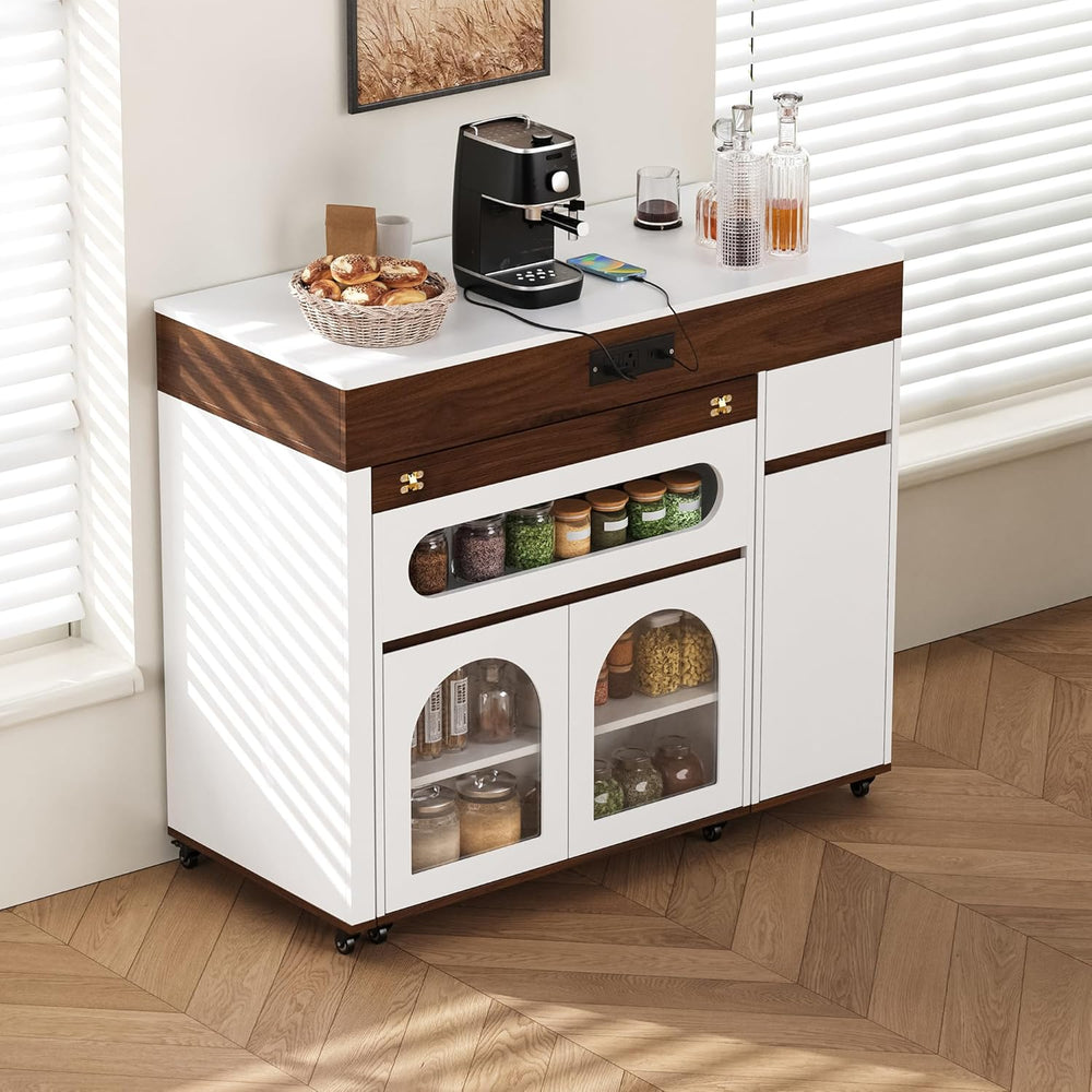 Extendable Dining Table with Extra-Long Folding Top, Rolling Kitchen Island w...