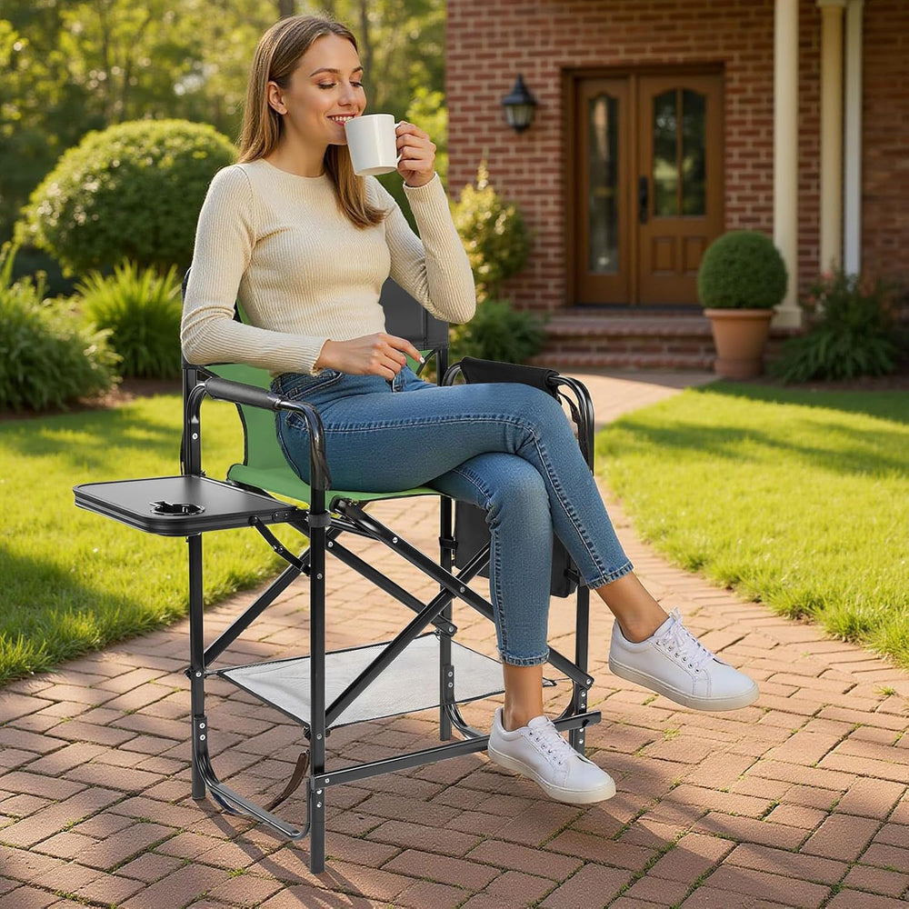 26" Tall Directors Chair, Outdoor Height Seat Folding Chair with Side Ta...