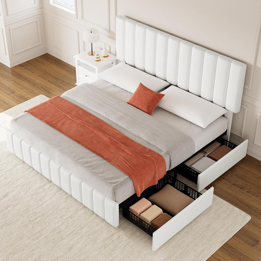 IDEALHOUSE Queen Size Bed Frame with 4 Storage Drawers, PU Leather Linen Upho...
