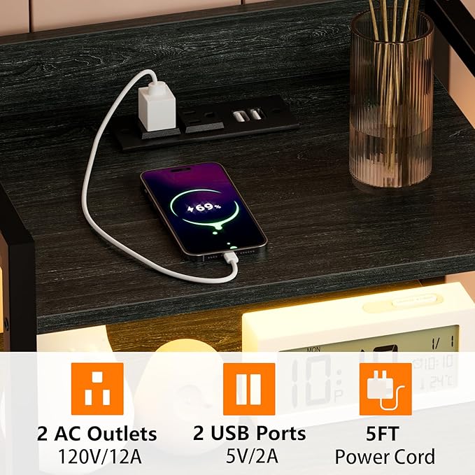 Furnulem Night Stand with Charging Station, Tall Black Dresser for Bedroom, N...
